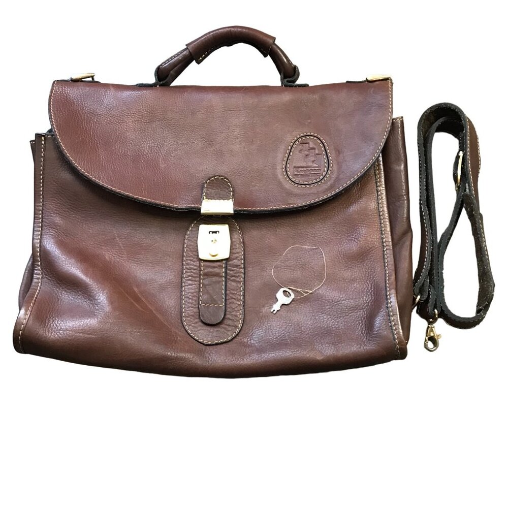 Vintage Rugero Brown Leather Messenger Bag‎ Briefcase Removable Strap Lock & Key